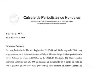 Colegio de Periodistas de Honduras anuncia nuevo salario mínimo para el 2020