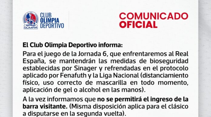Por precaución, Olimpia prohíbe ingreso de barra visitante en juego ante el Real España