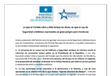 El Partido Nacional señala que la nueva ley del Consejo Nacional de Defensa y Seguridad es una copia de los mecanismos de Nicaragua