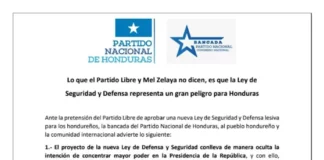 El Partido Nacional señala que la nueva ley del Consejo Nacional de Defensa y Seguridad es una copia de los mecanismos de Nicaragua