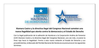 Partido Nacional señala que el oficialismo “ha cruzado la línea roja de la ilegalidad” al sancionar y publicar la adhesión de Honduras a la CAF