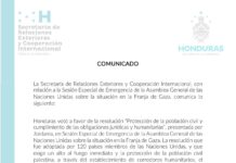Cancillería informó que Honduras votó a favor de la resolución de protección civil en la Franja de Gaza
