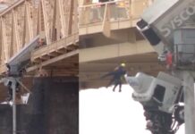 Dramático rescate en Estados Unidos: un camión quedó colgando de un puente