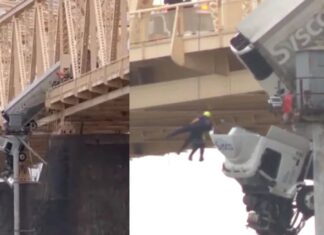Dramático rescate en Estados Unidos: un camión quedó colgando de un puente