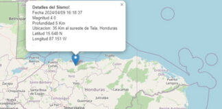 Reportan sismo de 4.0 en la escala de Richter en el Litoral Atlántico de Honduras