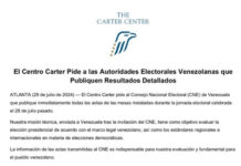 Centro Carter pide a ente electoral de Venezuela publicar de «inmediato» actas de votación