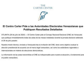 Centro Carter pide a ente electoral de Venezuela publicar de «inmediato» actas de votación
