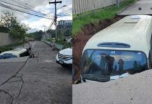 Socavón “se traga” un bus en la colonia La Cañada de Tegucigalpa