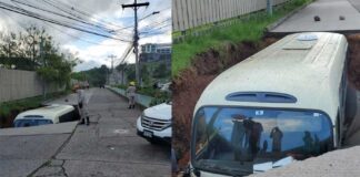 Socavón “se traga” un bus en la colonia La Cañada de Tegucigalpa