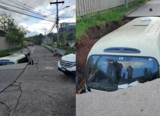 Socavón “se traga” un bus en la colonia La Cañada de Tegucigalpa