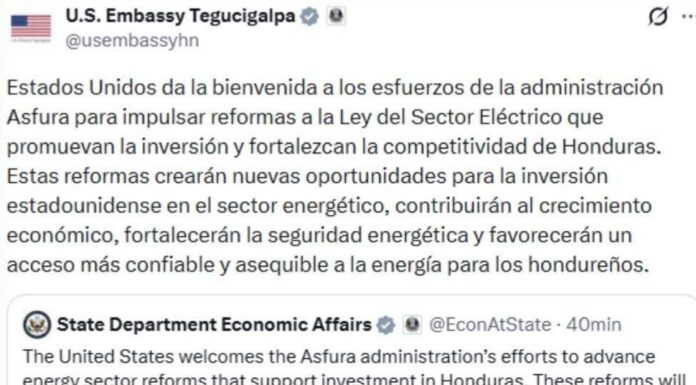 Embajada de EE. UU. respalda reformas del presidente Asfura en la ENEE y destaca oportunidades para la inversión energética