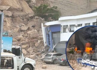 Gigantesco derrumbe en el Anillo Periférico destruye bodegas y desata incendio; buscan posibles personas soterradas
